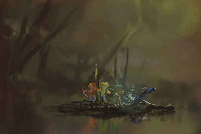 Digital speed paint of anthropomorphic frogs riding an alligator towards adventure